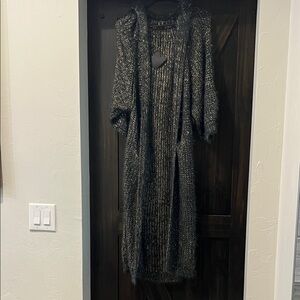 Long Open-Front Hooded Knit Cardigan Sweater with Hood - Black and Gold